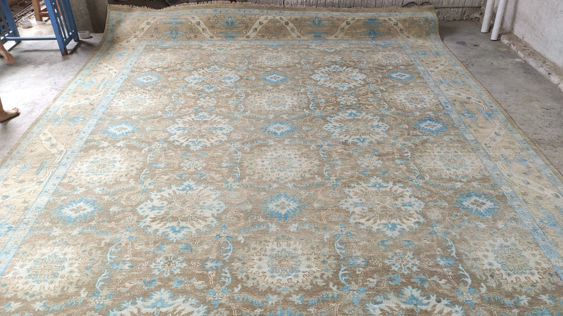 Paris Hilton 10x14 Light Brown and Light Blue Hand-Knotted Oushak Rug | Banana Manor Rug Company