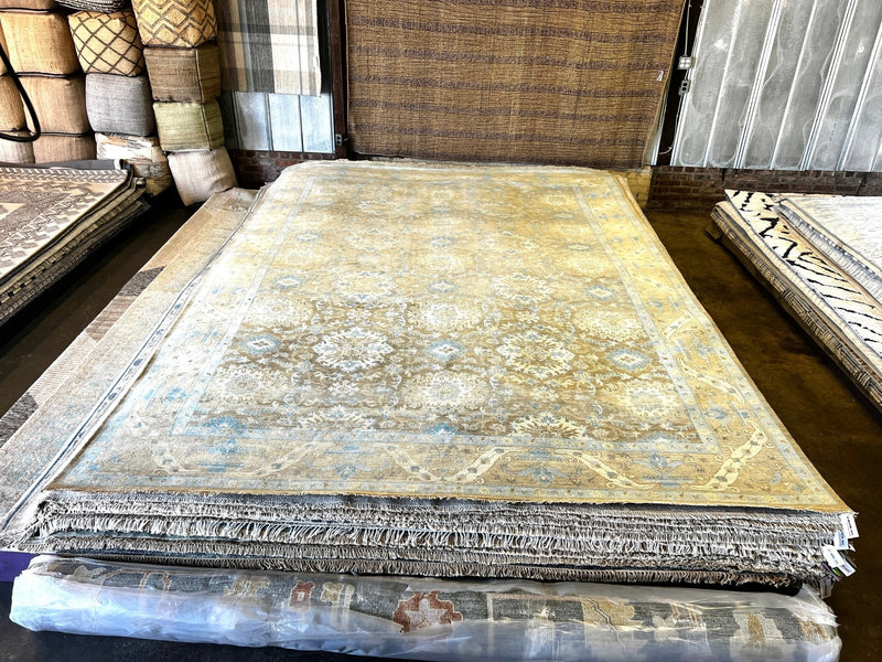 Paris Hilton 10x14 Light Brown and Light Blue Hand-Knotted Oushak Rug | Banana Manor Rug Company