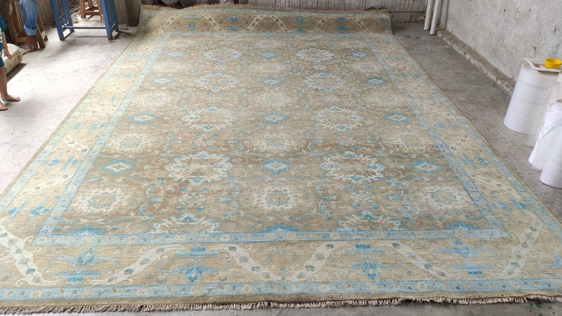 Paris Hilton 10x14 Light Brown and Light Blue Hand-Knotted Oushak Rug | Banana Manor Rug Company