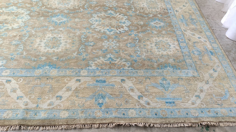 Paris Hilton 10x14 Light Brown and Light Blue Hand-Knotted Oushak Rug | Banana Manor Rug Company