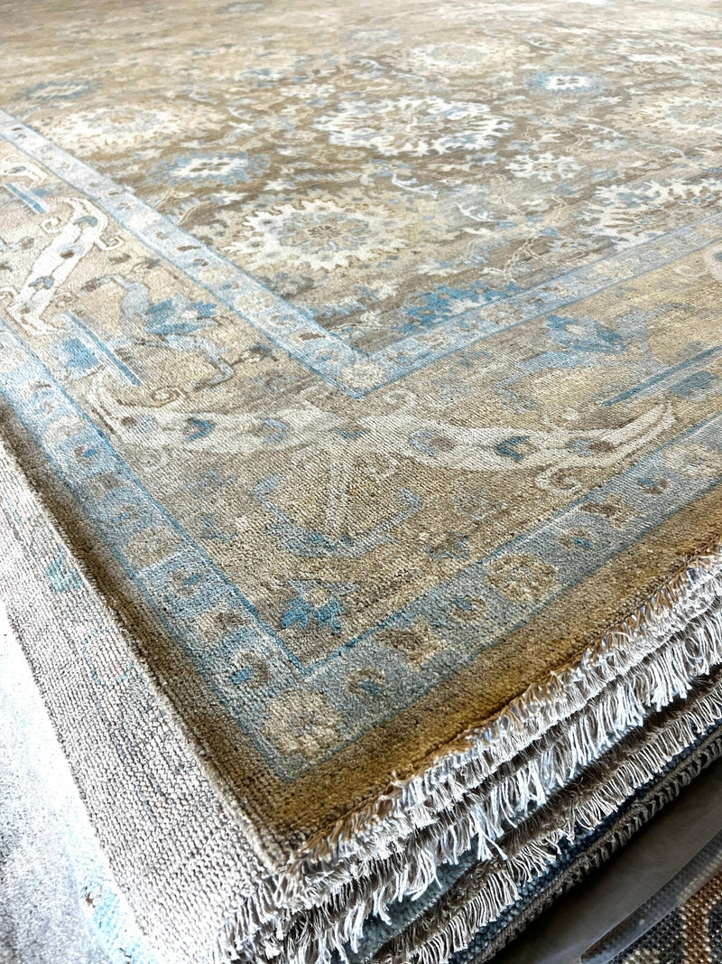 Paris Hilton 10x14 Light Brown and Light Blue Hand-Knotted Oushak Rug | Banana Manor Rug Company