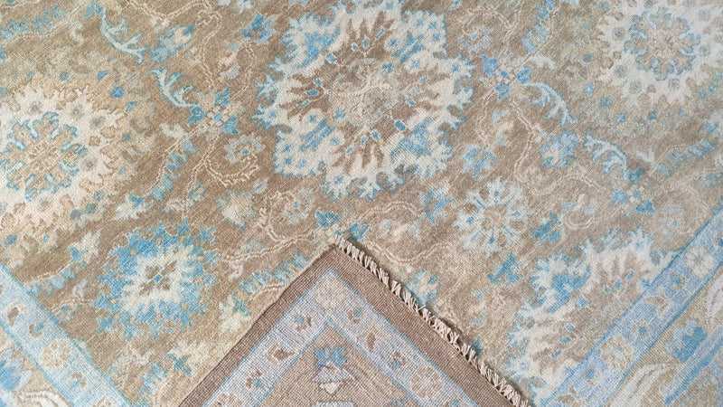 Paris Hilton 10x14 Light Brown and Light Blue Hand-Knotted Oushak Rug | Banana Manor Rug Company