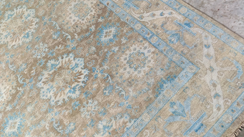 Paris Hilton 10x14 Light Brown and Light Blue Hand-Knotted Oushak Rug | Banana Manor Rug Company