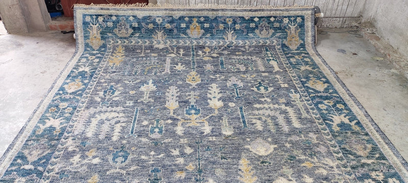 Parrish Cameron Grey and Blue Hand-Knotted Oushak Rug 8x10 | Banana Manor Rug Company