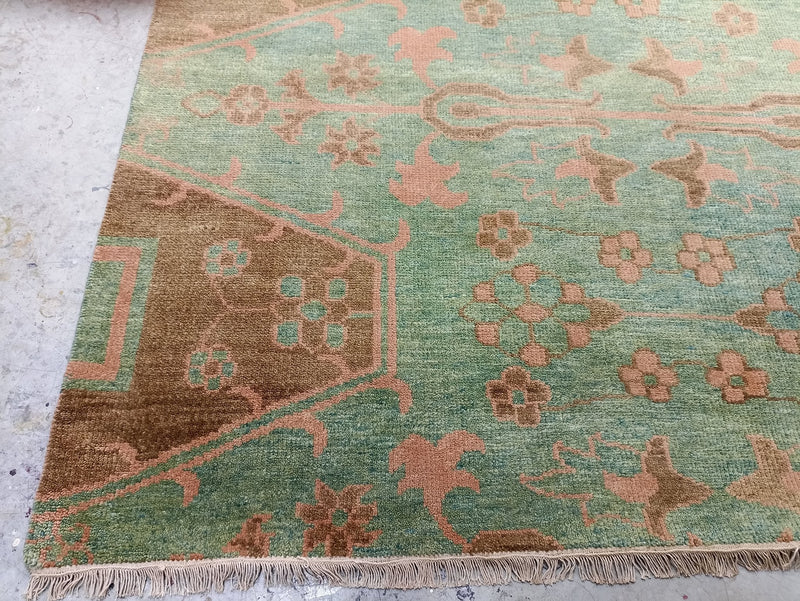 Pearl LeBlanc 8x10 Green and Light Brown Hand-Knotted Oushak Rug | Banana Manor Rug Company