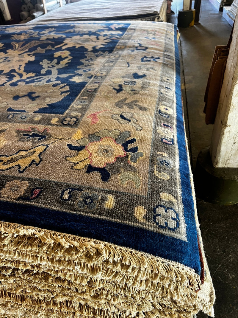 Pearl Thusi 8x10 Hand-Knotted Oushak Rug Blue and Tan | Banana Manor Rug Factory Outlet