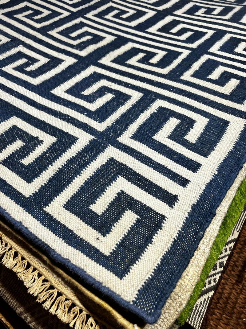 PeeWee 5.3x7.9 Ivory and Blue Geometric Greek Key Durrie Rug | Banana Manor Rug Company