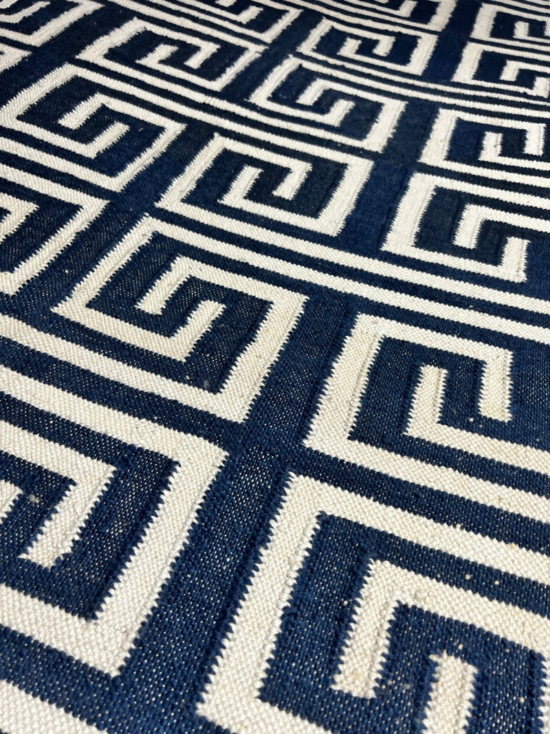 PeeWee 5.3x7.9 Ivory and Blue Geometric Greek Key Durrie Rug | Banana Manor Rug Company