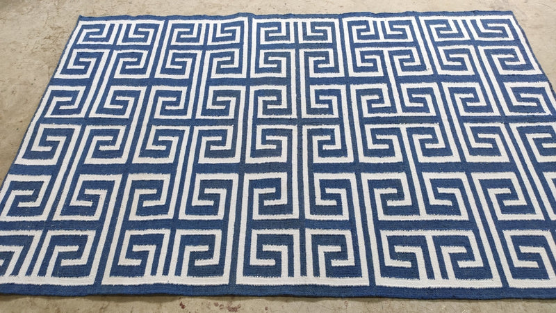 PeeWee 5.3x7.9 Ivory and Blue Geometric Greek Key Durrie Rug | Banana Manor Rug Company