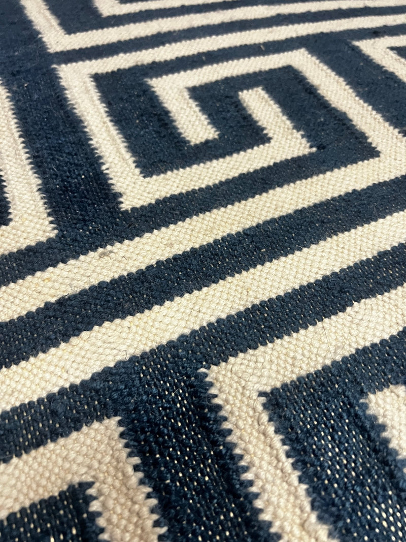 PeeWee 5.3x7.9 Ivory and Blue Geometric Greek Key Durrie Rug | Banana Manor Rug Company