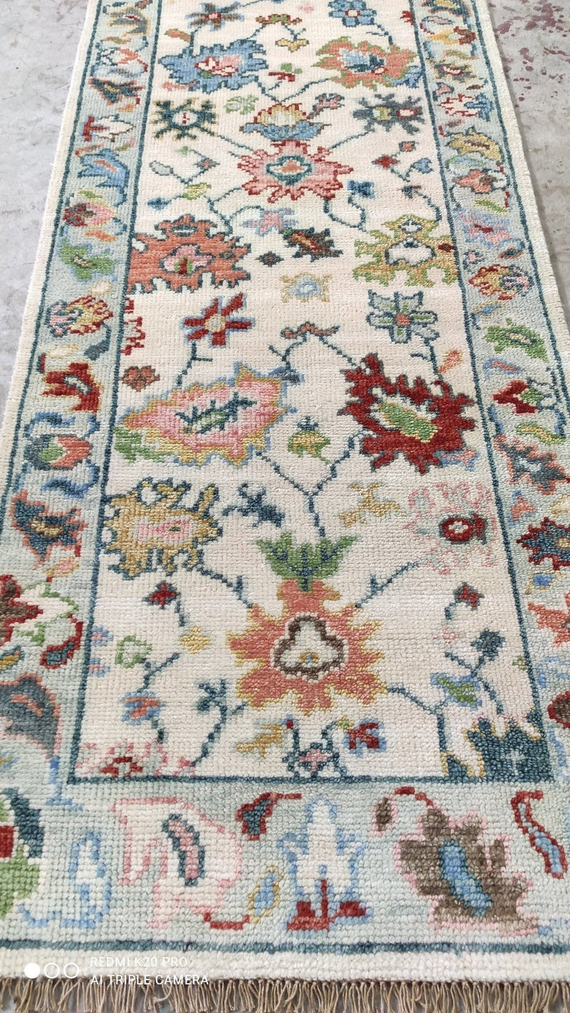 Peyton 2.6x11.9 Light Blue and Ivory Hand-Knotted Oushak Runner | Banana Manor Rug Company