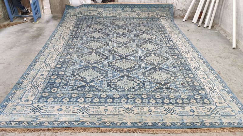 Phoenix 9x12 Hand-Knotted Blue and Cream Geometric Rug | Banana Manor Rug Company