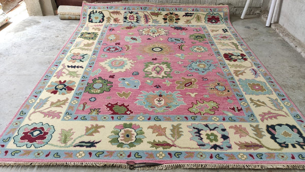 Pia Tjelta 8x10 Pink and Ivory Hand-Knotted Oushak Rug | Banana Manor Rug Company