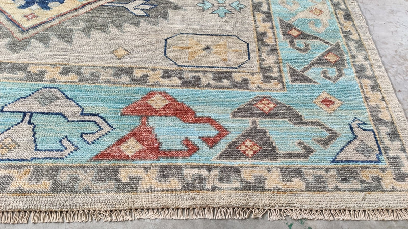 Pim Diffy 10x14 Blue and Beige Hand-Knotted Oushak Rug | Banana Manor Rug Company