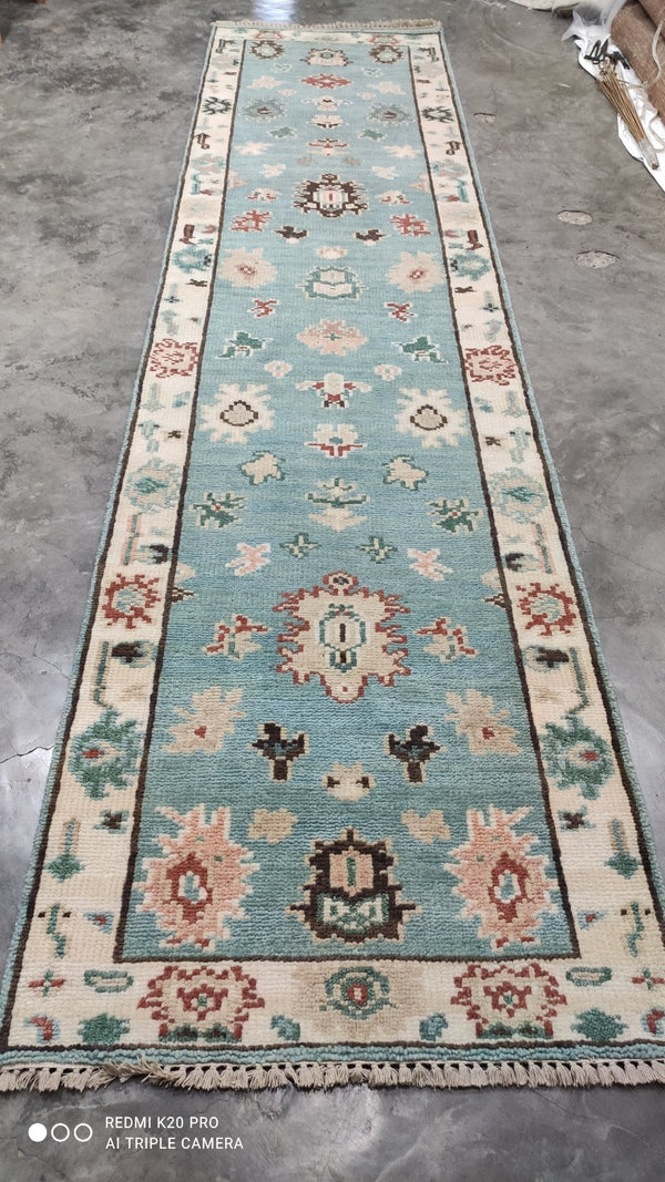 Poppy 3x11.9 Hand-Knotted Light Blue and Cream Oushak Runner | Banana Manor Rug Company