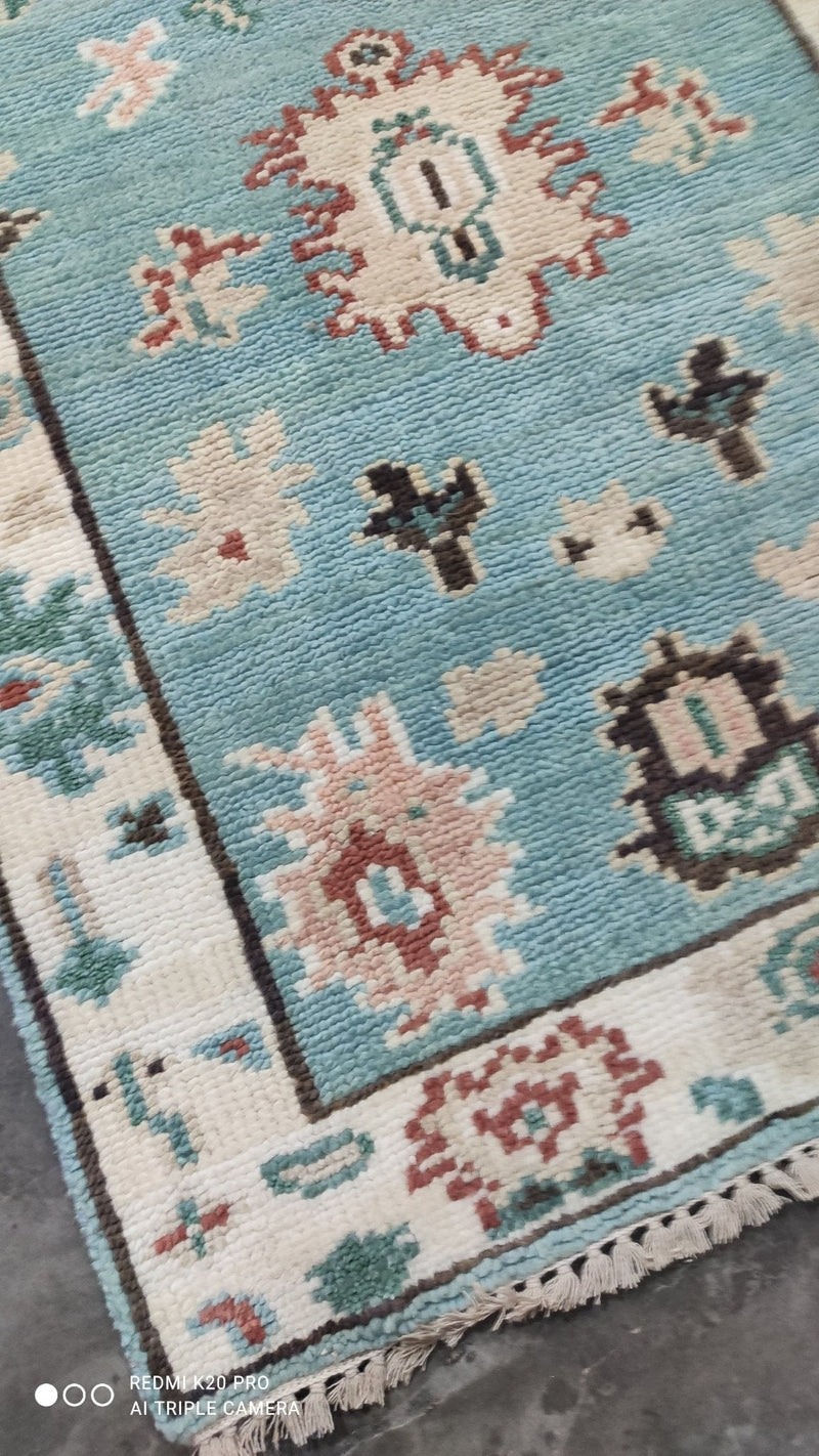 Poppy 3x11.9 Hand-Knotted Light Blue and Cream Oushak Runner | Banana Manor Rug Company