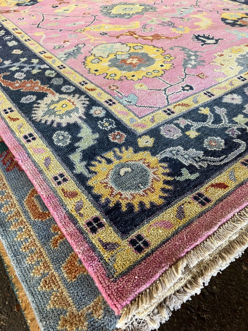 Poppy Presley 7.9x10 Hand-Knotted Pink and Blue Oushak Rug | Banana Manor Rug Company