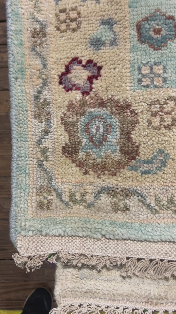 Wi Kuki Kaa 3x14 and-Knotted Light Blue Oushak Runner Rug