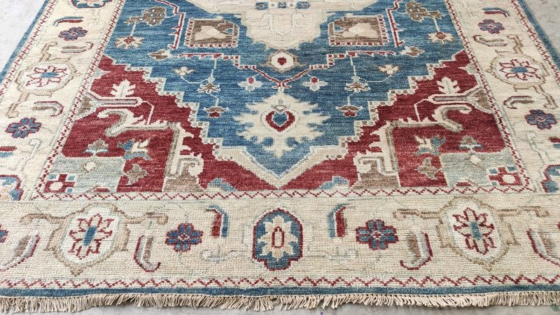 Raina 7.9x9.9 Blue and Beige Hand-Knotted Oushak Rug | Banana Manor Rug Company