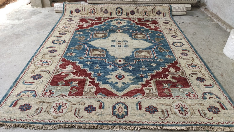 Raina 7.9x9.9 Blue and Beige Hand-Knotted Oushak Rug | Banana Manor Rug Company