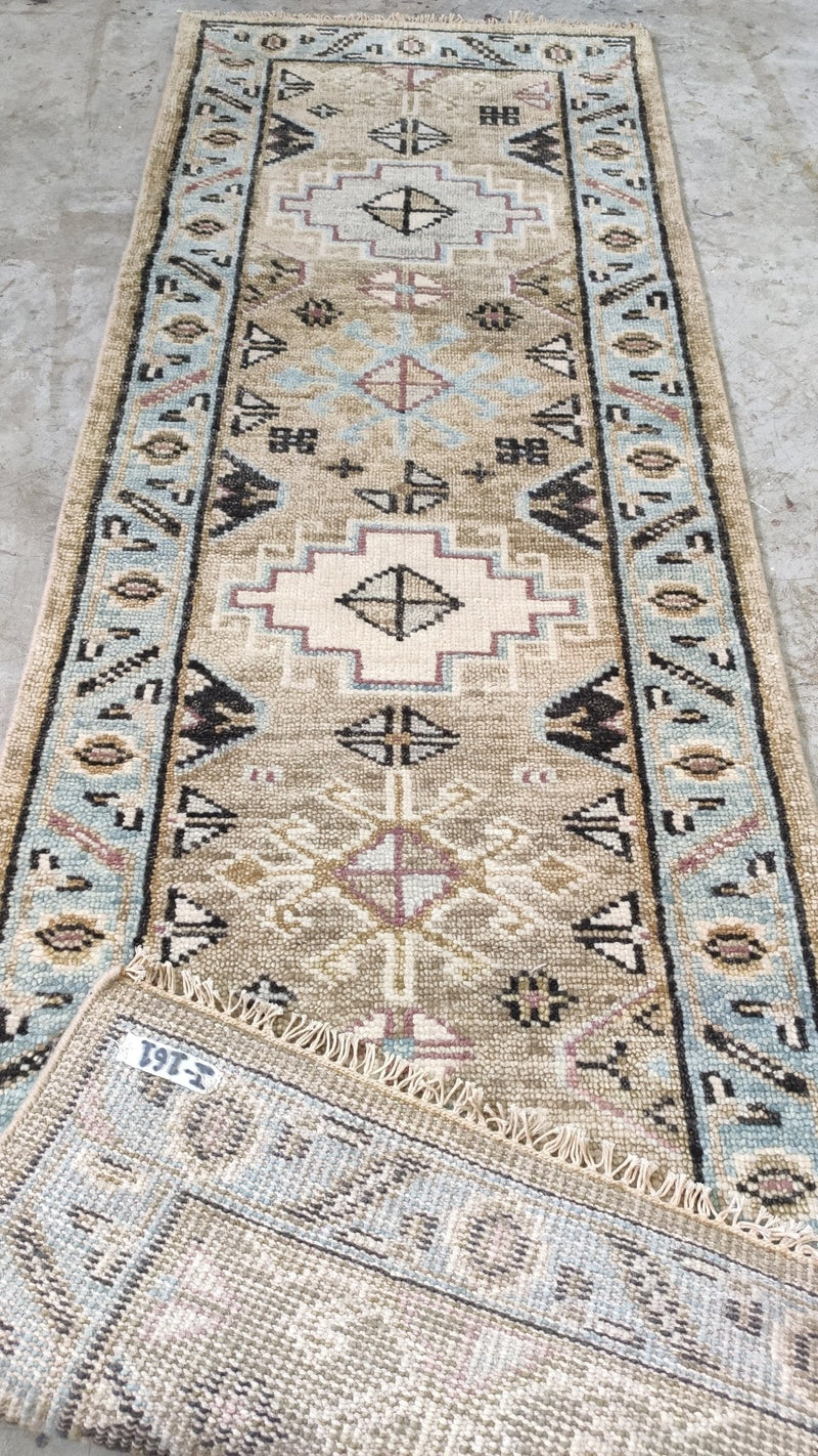 Riley 2.6x8 Tan and Beige Hand-Knotted Oushak Runner | Banana Manor Rug Company