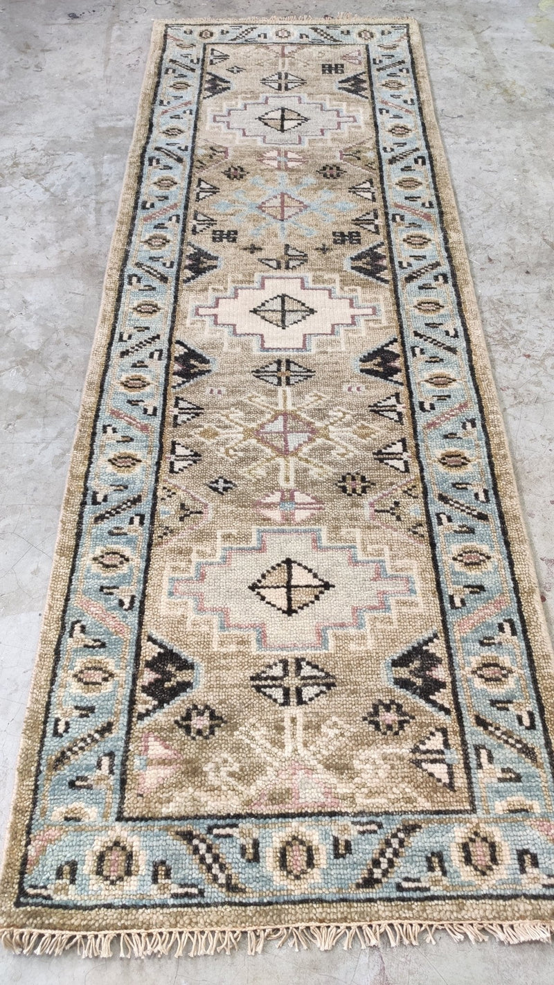 Riley 2.6x8 Tan and Beige Hand-Knotted Oushak Runner | Banana Manor Rug Company