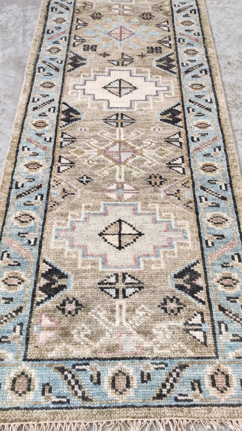 Riley 2.6x8 Tan and Beige Hand-Knotted Oushak Runner | Banana Manor Rug Company