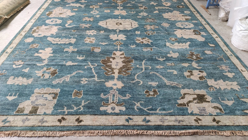 Rita 10x13.9 Blue and Tan Hand-Knotted Oushak Rug | Banana Manor Rug Company