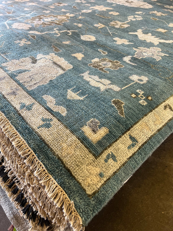 Rita 10x13.9 Blue and Tan Hand-Knotted Oushak Rug | Banana Manor Rug Company