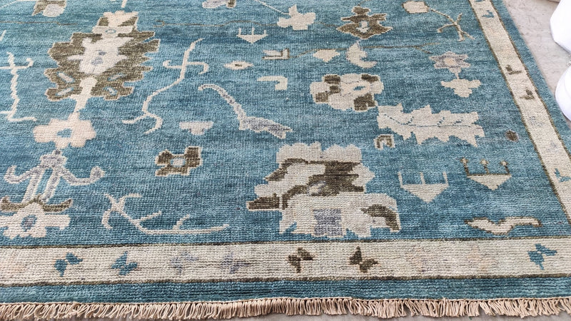 Rita 10x13.9 Blue and Tan Hand-Knotted Oushak Rug | Banana Manor Rug Company