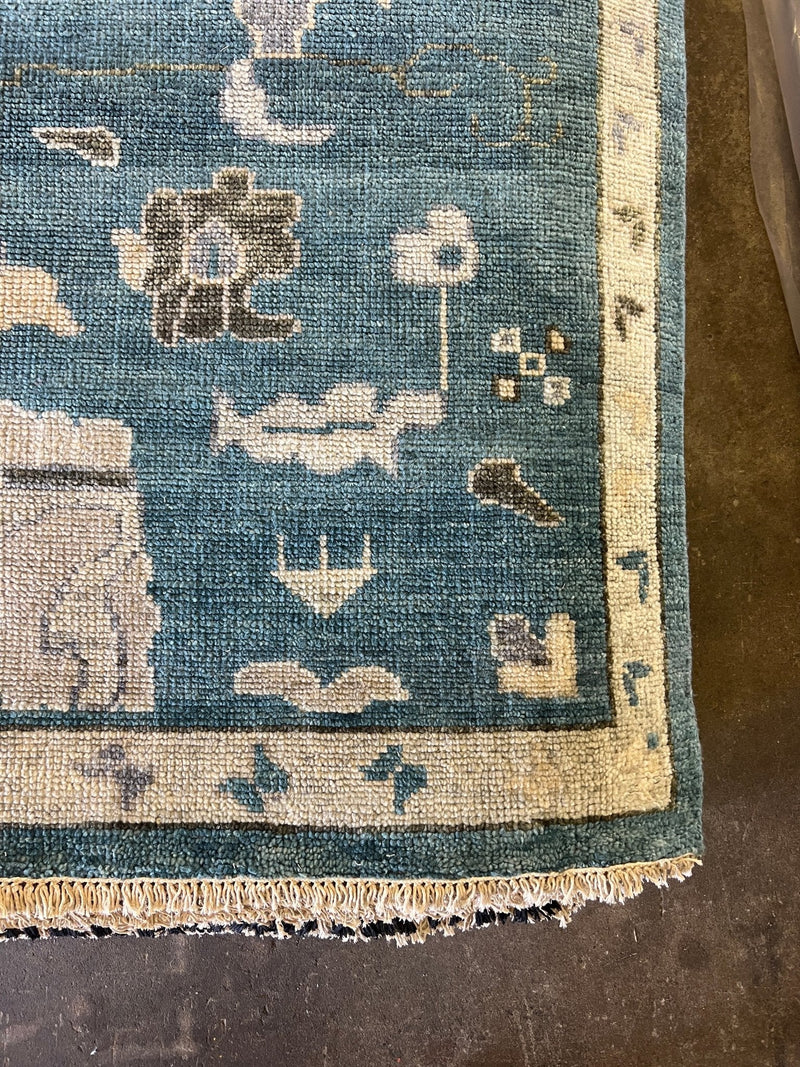 Rita 10x13.9 Blue and Tan Hand-Knotted Oushak Rug | Banana Manor Rug Company