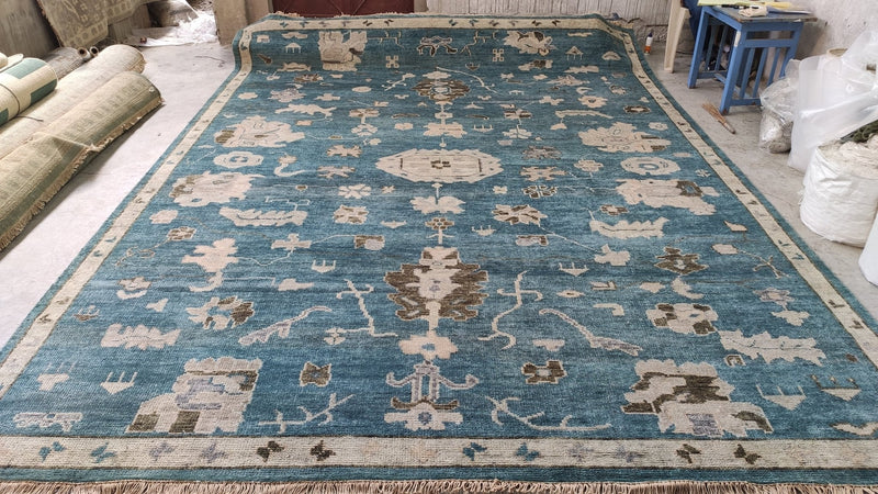 Rita 10x13.9 Blue and Tan Hand-Knotted Oushak Rug | Banana Manor Rug Company