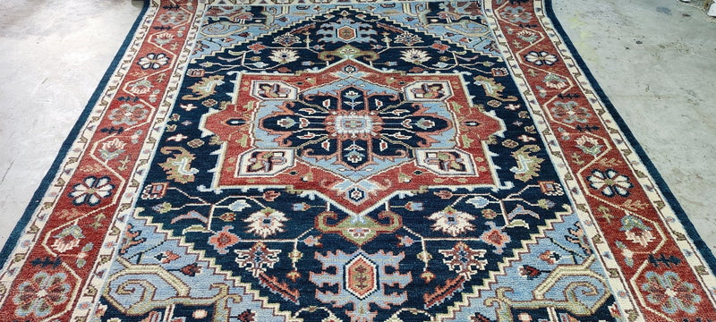 Rita Konig Blue and Rust Hand-Knotted Heriz Rug 8x10 | Banana Manor Rug Company