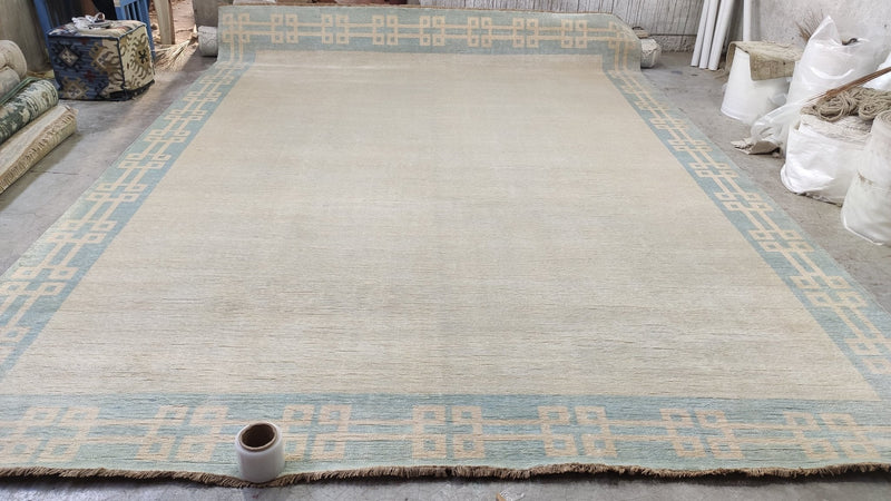 Rory 10x13.9 Ivory and Light Blue Hand-Knotted Oushak Rug | Banana Manor Rug Company