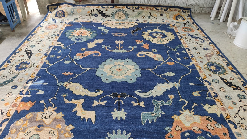 Rosalind 10.3x13.9 Dark Blue and Light Blue Hand-Knotted Oushak Rug | Banana Manor Rug Company