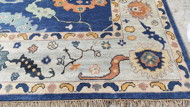 Rosalind 10.3x13.9 Dark Blue and Light Blue Hand-Knotted Oushak Rug | Banana Manor Rug Company