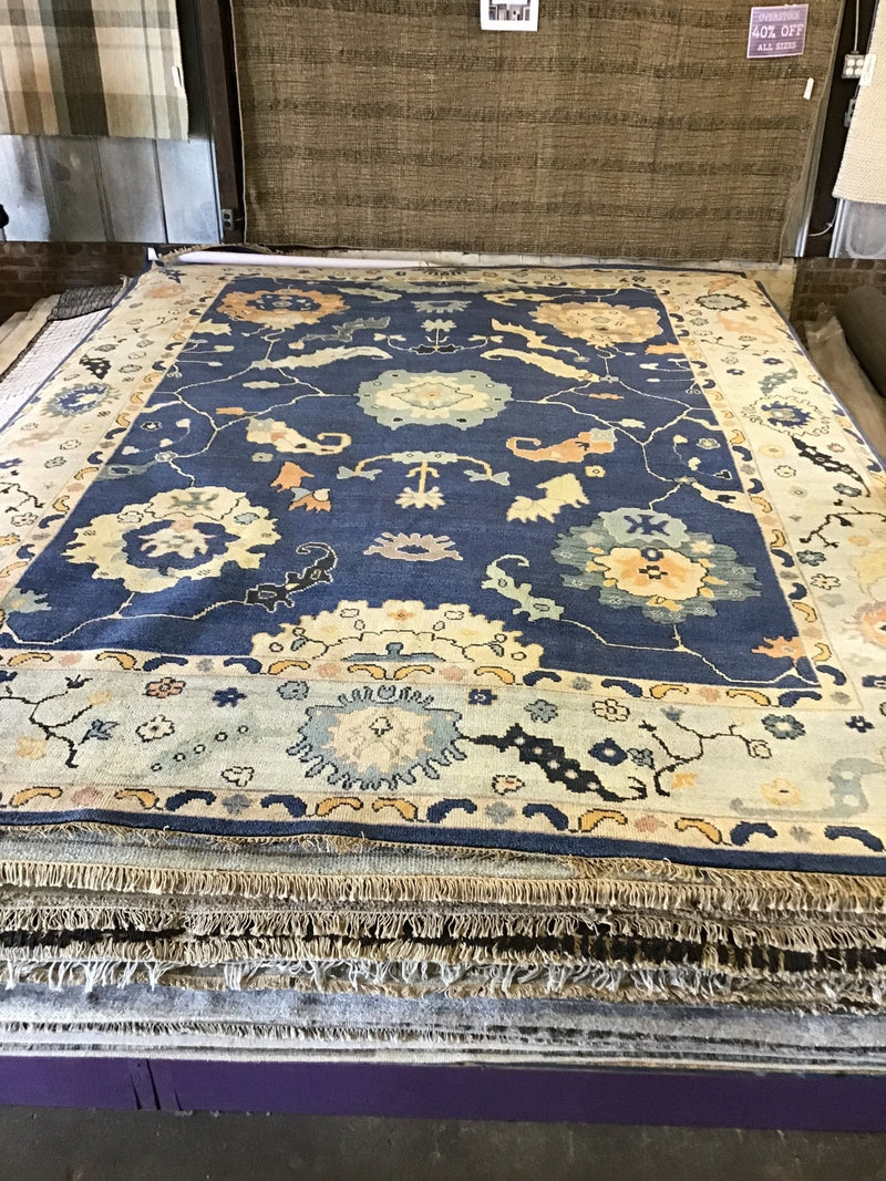 Rosalind 10.3x13.9 Dark Blue and Light Blue Hand-Knotted Oushak Rug | Banana Manor Rug Company