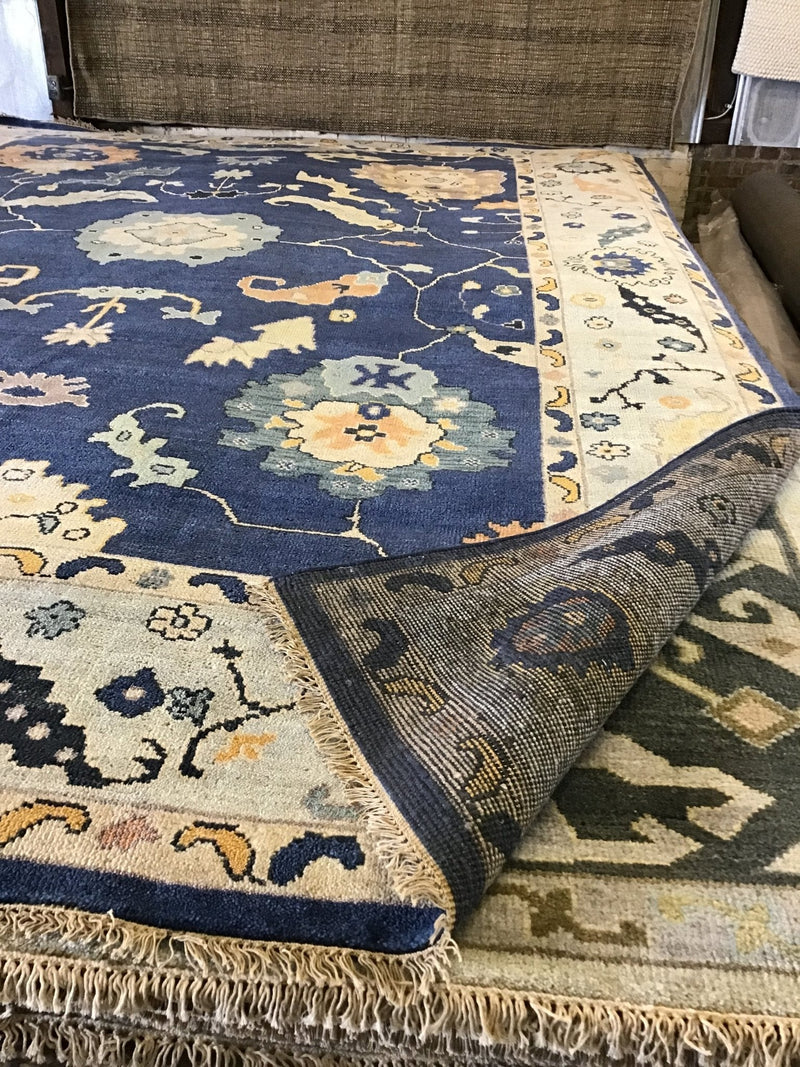 Rosalind 10.3x13.9 Dark Blue and Light Blue Hand-Knotted Oushak Rug | Banana Manor Rug Company