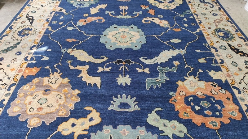 Rosalind 10.3x13.9 Dark Blue and Light Blue Hand-Knotted Oushak Rug | Banana Manor Rug Company