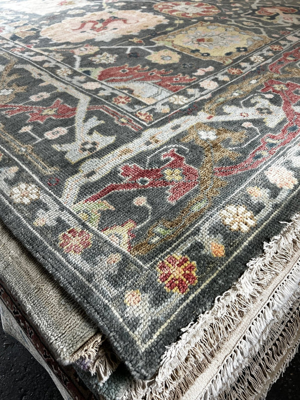 Rosy 9x11.9 Grey Hand-Knotted Oushak Rug | Banana Manor Rug Company