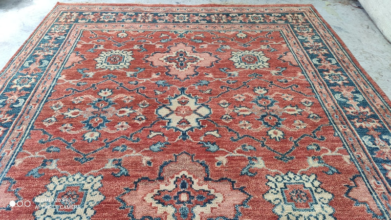 Sam 7.9x9.10 Rust and Blue Hand-Knotted Oushak Rug | Banana Manor Rug Company