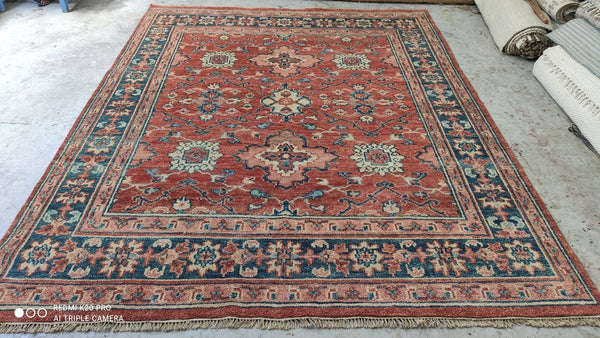 Sam 7.9x9.10 Rust and Blue Hand-Knotted Oushak Rug | Banana Manor Rug Company