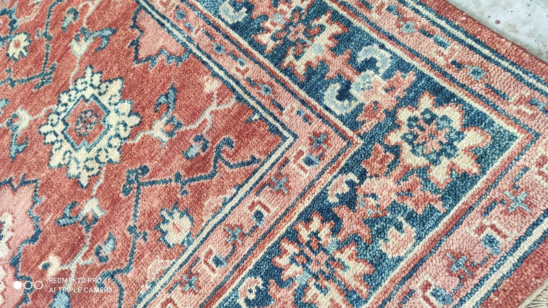 Sam 7.9x9.10 Rust and Blue Hand-Knotted Oushak Rug | Banana Manor Rug Company