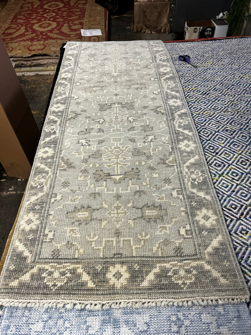 Sam Pellegrino 2.6x8 Grey and Ivory Turkish Knot Oushak Runner | Banana Manor Rug Company