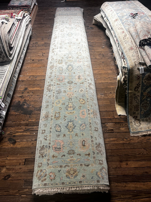 Sasha Grey 3x14 Light Green Hand-Knotted Oushak Runner | Banana Manor Rug Factory Outlet