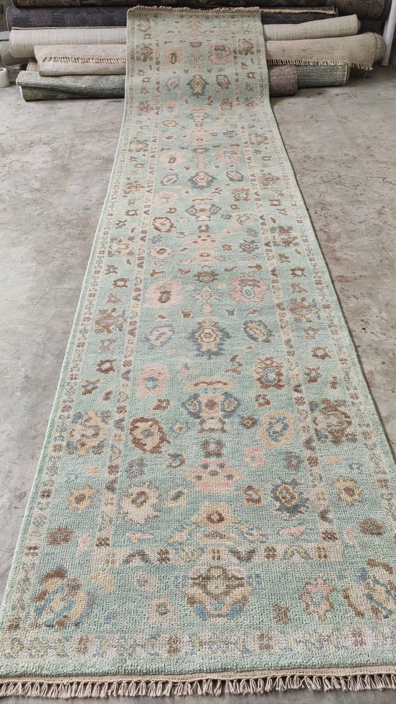 Sasha Grey 3x14 Light Green Hand-Knotted Oushak Runner | Banana Manor Rug Company