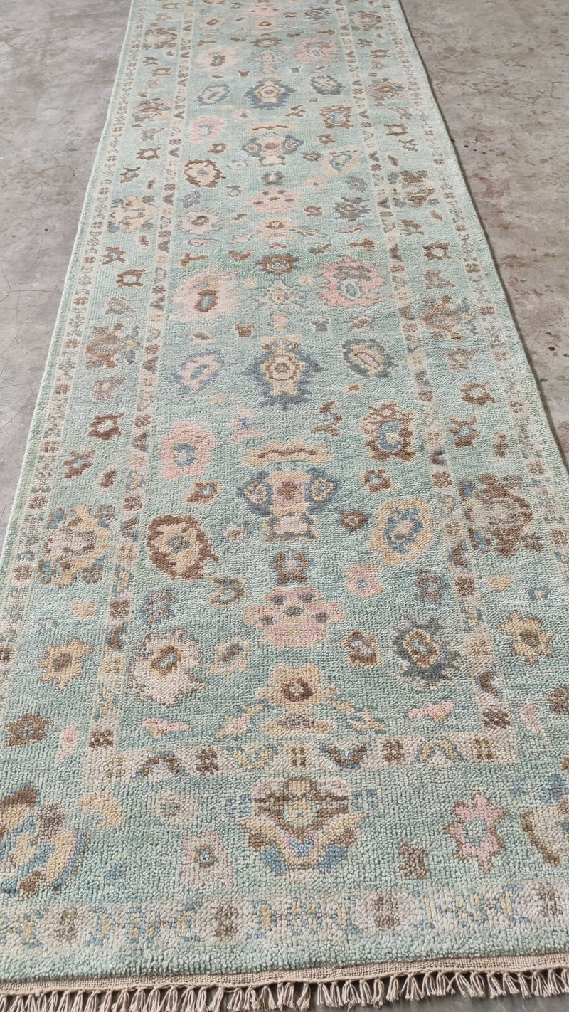 Sasha Grey 3x14 Light Green Hand-Knotted Oushak Runner | Banana Manor Rug Company