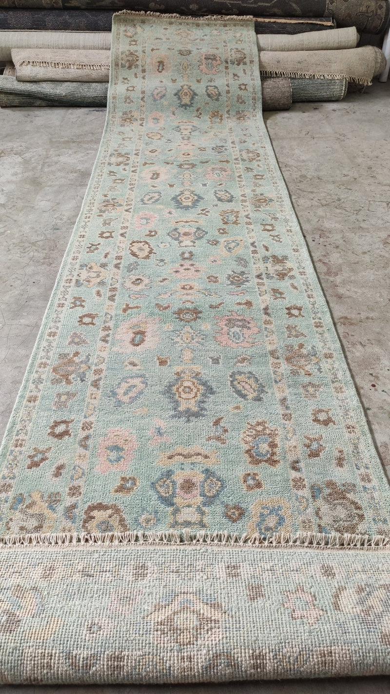 Sasha Grey 3x14 Light Green Hand-Knotted Oushak Runner | Banana Manor Rug Company