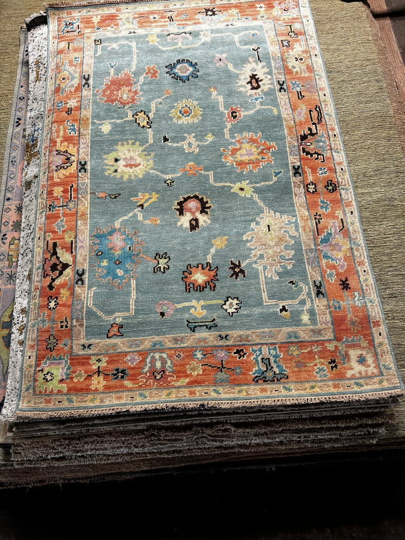 Shanti 6x9 Light Blue and Rust Hand-Knotted Oushak Rug | Banana Manor Rug Company