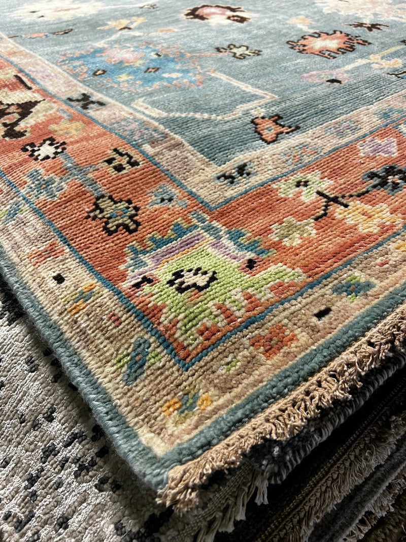 Shanti 6x9 Light Blue and Rust Hand-Knotted Oushak Rug | Banana Manor Rug Company